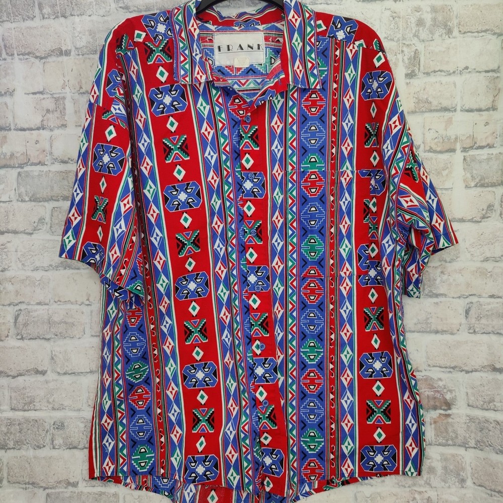 Vintage Men's Button Up Shirt Geometric Tribal Print Size XL 100% Cotton